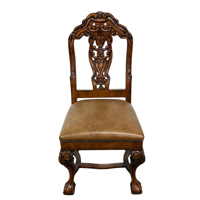 Late 20th Century Late 20th Century Dutch Chippendale Style Carved Fruitwood & Leather Dining Chairs — Set of 4 For Sale - Image 5 of 10