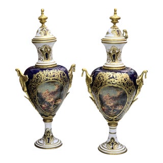 Blue and White Porcelain Vase With Gold Leaf Details – French Style Ornate Decorative Vase For Sale