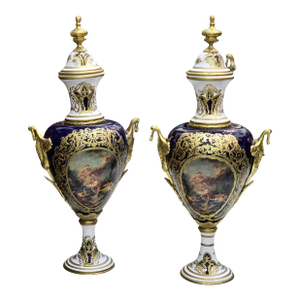 Blue and White Porcelain Vase With Gold Leaf Details – French Style Ornate Decorative Vase