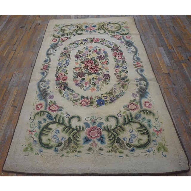 Ivory Early 20th Century (1935) Ivory Multicolor Antique American Hooked Rug 4'2" X 7'6" Americana Floral Carpet For Sale - Image 8 of 12