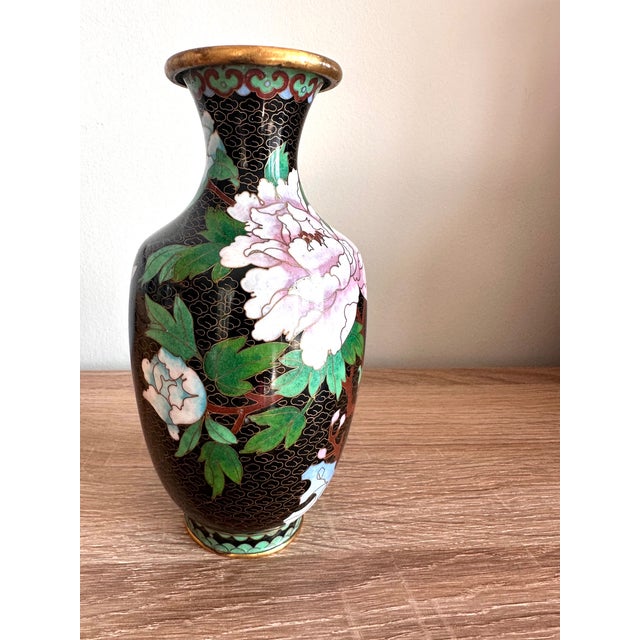 Vintage Chinese Black Cloisonné Enamel Peony & Butterfly Vase, 8" For Sale - Image 4 of 13