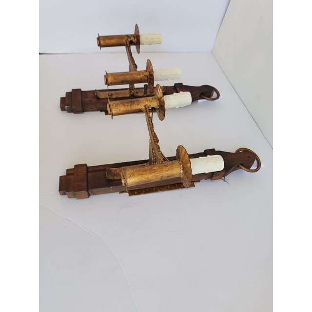 1970s Vintage Spanish Revival Gilded Wrought Iron & Wood Wall Sconces-a Pair For Sale - Image 5 of 12