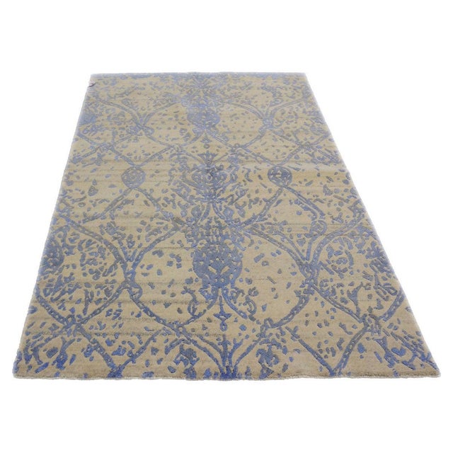 Nepalese Modern Wool & Silk 4X6 Blue & Ivory Handmade Area Rug #9902954 For Sale - Image 4 of 6