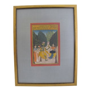 Antique Indian Hindu Krishna Manuscript Mughal Art Illustration Print Framed For Sale