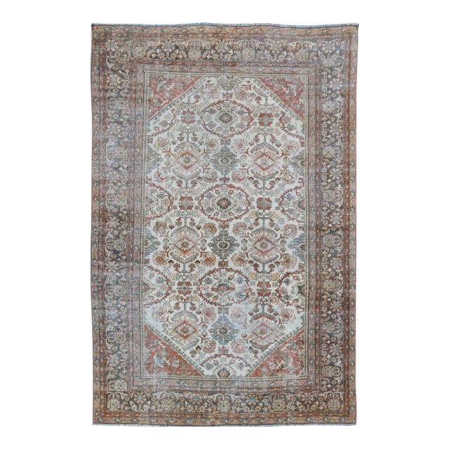 Antique Sultanabad-Mahal Rug in Ivory, Terracotta, Light Blue, Charcoal For Sale