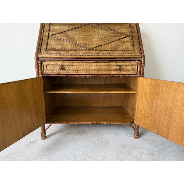 1970’s Vintage Burnt Bamboo & Woven Rattan Drop Front Secretary Desk ...