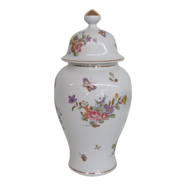 Andrea by Sadek White Lidded Porcelain Ginger Jar With Flowers Butterflies 5013b For Sale