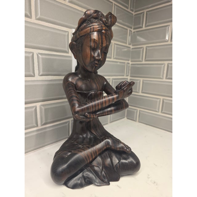 Art Deco Mid 20th Century Balinese Macassar Ebony Wood Seated Young Boy Sculpture by K. Aria (Mas, Bali) For Sale - Image 3 of 12