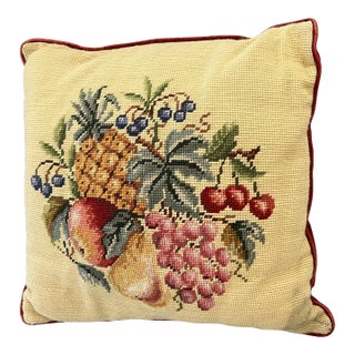 Vintage Needlepoint Pillow Assorted Fruit Motif For Sale