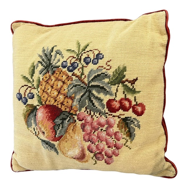 Vintage Needlepoint Pillow Assorted Fruit Motif For Sale