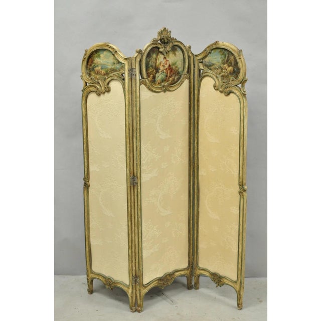 French Antique French Louis XV Hand Painted Petite 3 Panel Folding Dressing Screen For Sale - Image 3 of 18