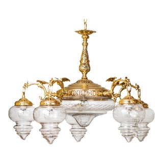 1950s Large 6 Light Brass Gothic Dragon Chandelier With Glass Shades For Sale