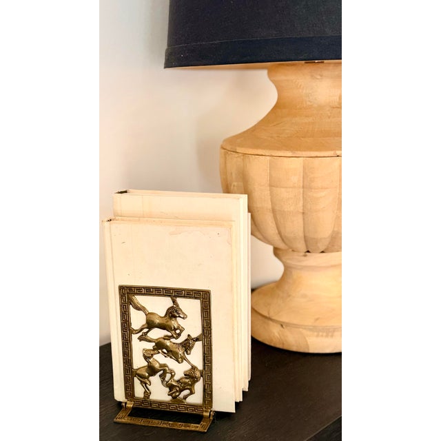 Vintage Chinoiserie Brass Horse Bookends With a Cut-Out Design of Galloping Horses Surrounded by a Greek Key Border-a Pair For Sale - Image 12 of 12