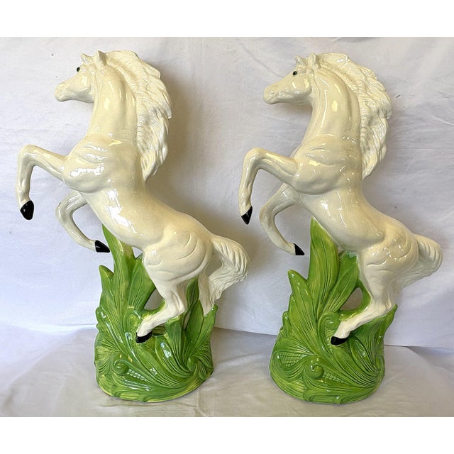 Mid Century Vintage Cast Ceramic Rearing White Mustangs With Glass Eyes- A Pair For Sale - Image 9 of 18