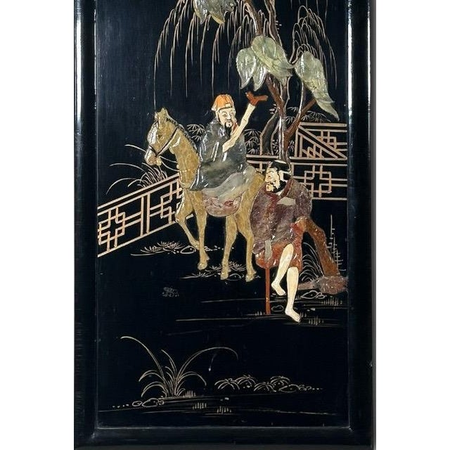 Vintage Chinese Black Lacquer and Inlaid Soapstone Wall Panels Set of Four For Sale - Image 4 of 16
