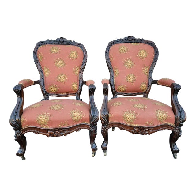19th Century American Carved Rosewood Living Room Arm Chairs- a Pair For Sale