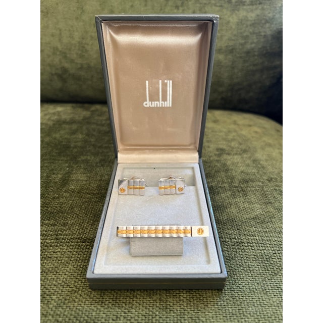 Art Deco Rare Vintage Dunhill Cufflinks & Tie Clip Gold Plated, Steel With Original Case For Sale - Image 3 of 8