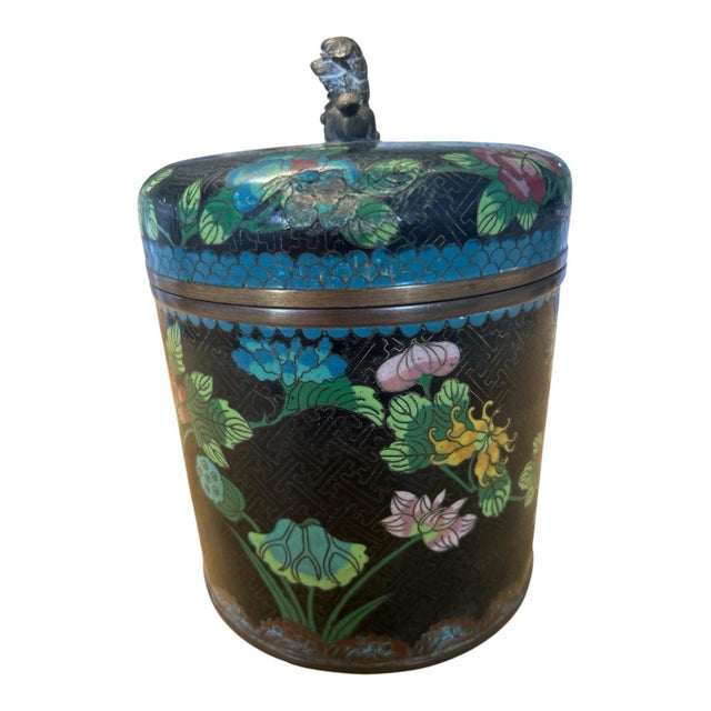 Gorgeous Chinese tea caddy from the early 20th century. It has a black background with turquoise, greens and yellow...