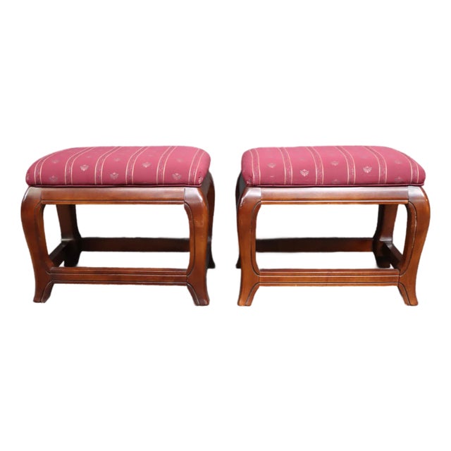 Pair of Ethan Allen Chinoiserie Style Upholstered Footstools For Sale