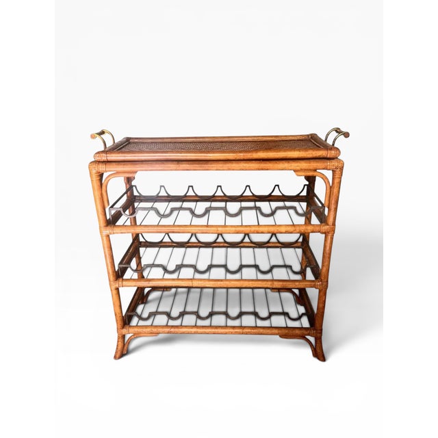 1990s Maitland-Smith Rattan & Bamboo Bar Cart / Wine Rack With Removable Tray For Sale - Image 9 of 14