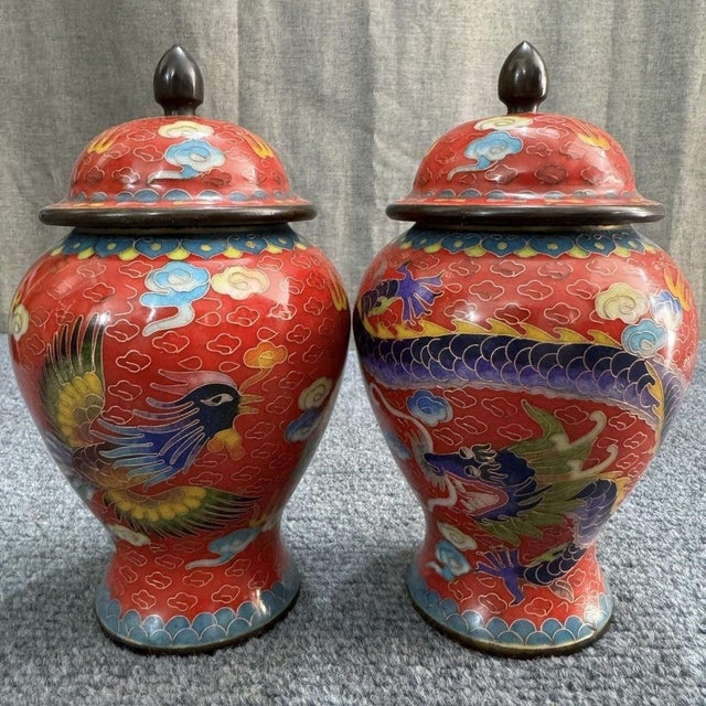 Make a vibrant and majestic statement in your home with this exceptional Pair of large Vintage Cloisonné Enamel Lidded...