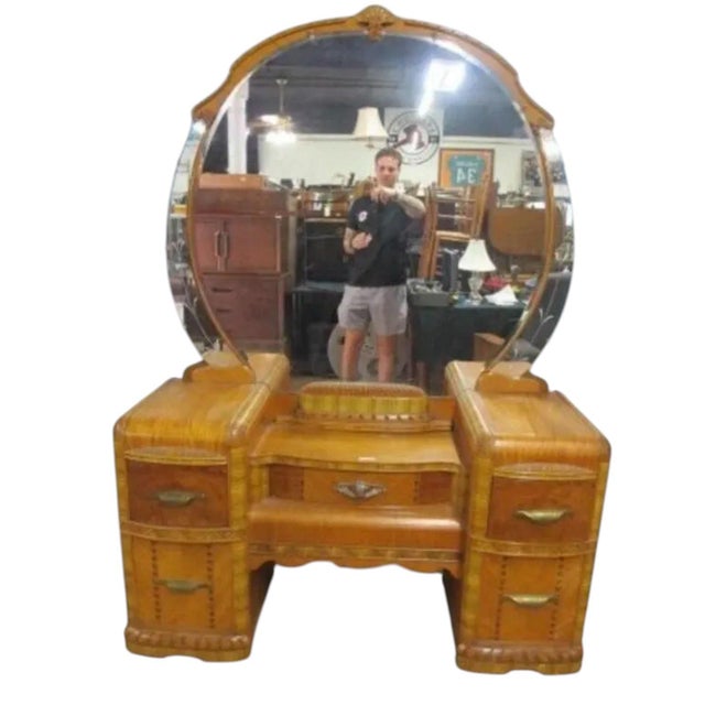 Monumental American Art Deco Waterfall Vanity With Shield Mirror, C. 1935–1945 Period / Style Circa 1935–1945 Late Art...