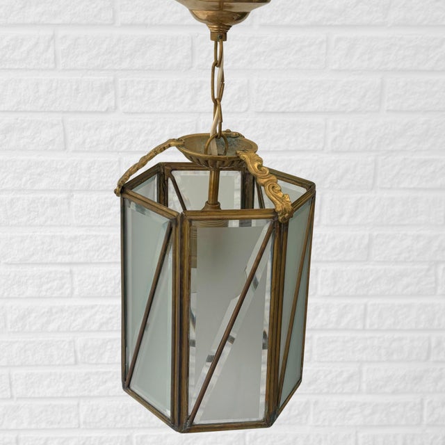 Lantern Pendant Lamp in Brass and Glass by The Malmström Brothers, Sweden, 1920s For Sale - Image 4 of 9