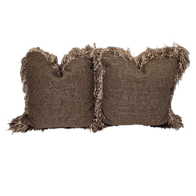 Pair of Soft Brown Fringed Designer Pillows For Sale - Image 4 of 12