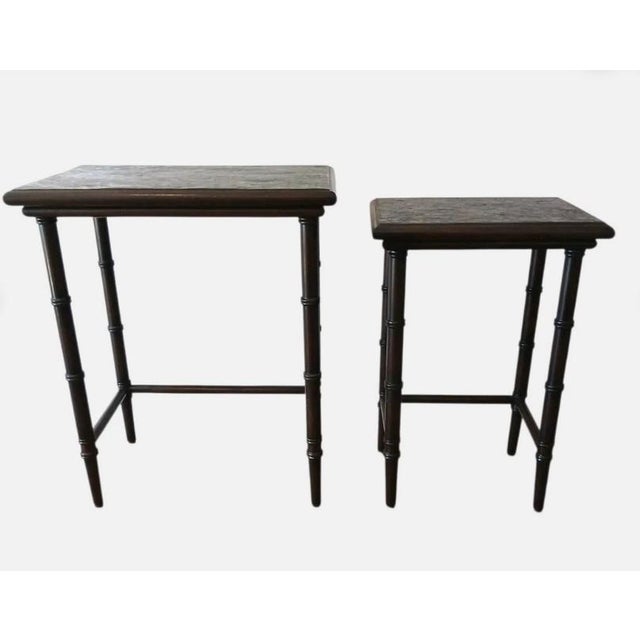 1950s MCM Nesting Tables Chinoiserie Lacquered Mosaic Faux Bamboo Legs Asian Vintage For Sale - Image 4 of 18