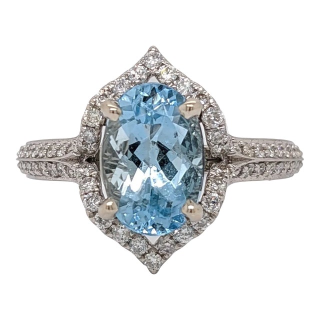 1.8ct Aquamarine Ring with Earth Mined Diamonds in Solid 14k Gold Oval 9x7mm For Sale