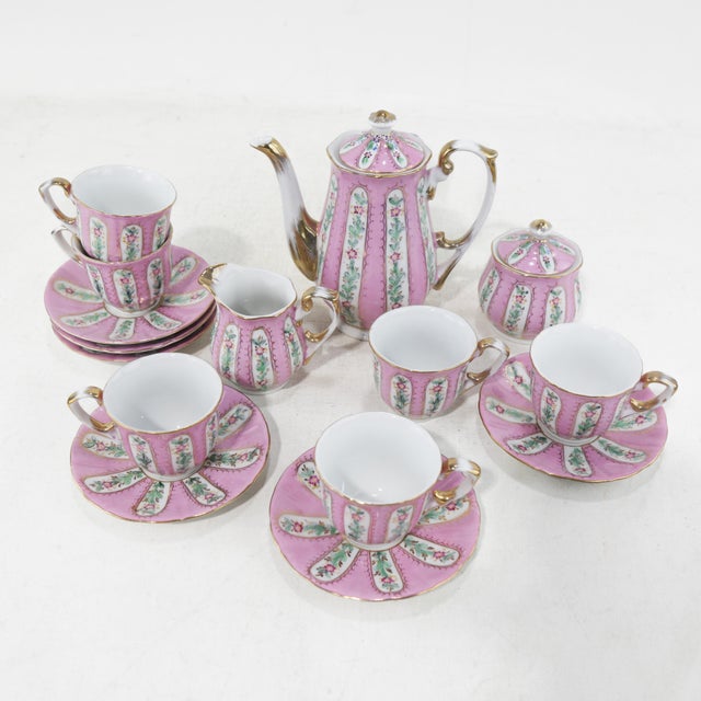 Vintage Pink Floral Porcelain Tea Set – Hand-Painted Victorian Style For Sale - Image 4 of 11