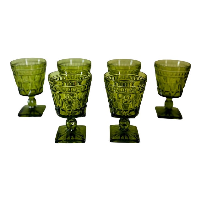 1970s Vintage Colony Glass Park Lane Green Water Goblets- Set of 6 For Sale