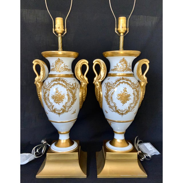 Ceramic Pair of Paris Porcelain Gilt Napoleon Empire Swan Handled Urn Lamps, Mid to Late 19th Century For Sale - Image 7 of 12