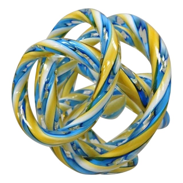 Late 20th Century Murano Art Glass Swirl 8" Infinity Knot of Love Blue & Yellow Decorative Object For Sale