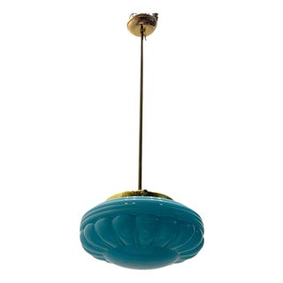 Mid-Century Blue Opaline Glass Pendant Light with Brass Fittings, 1970s For Sale
