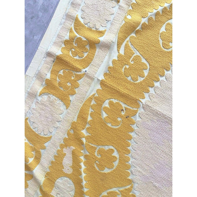 Mid-Century Modern Suzani Tribal Textile - Neutral Tan Tashkent Embroidery, 4'8'' X 5'1'' For Sale - Image 3 of 8