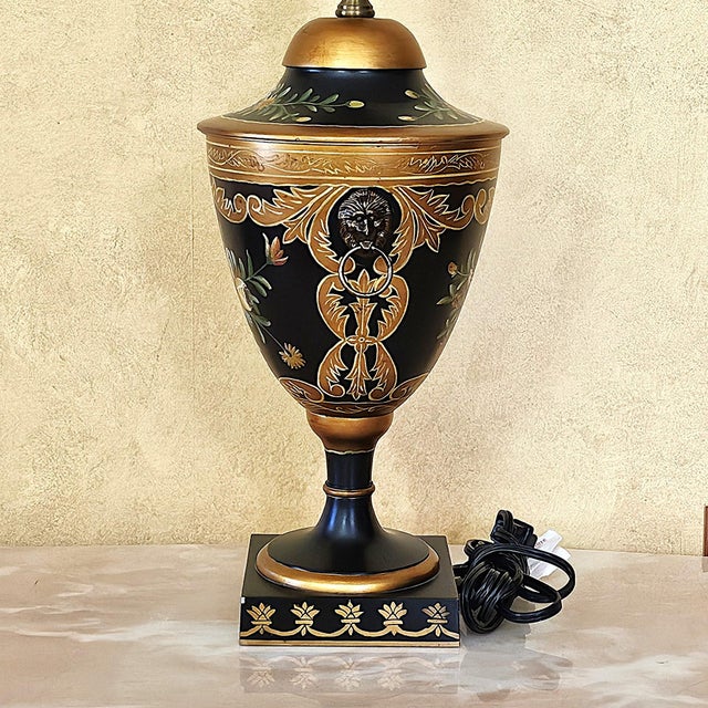 Wildwood Hand Painted Toleware Urn Table Lamp, Rocky Mount Nc, Floral Black & Gold For Sale - Image 10 of 18
