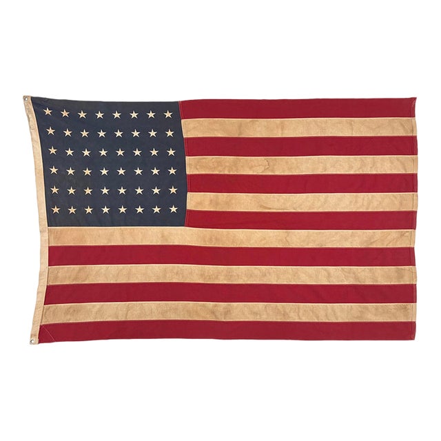 Large Vintage Cotton American Flag With 48 Embroidered Stars For Sale