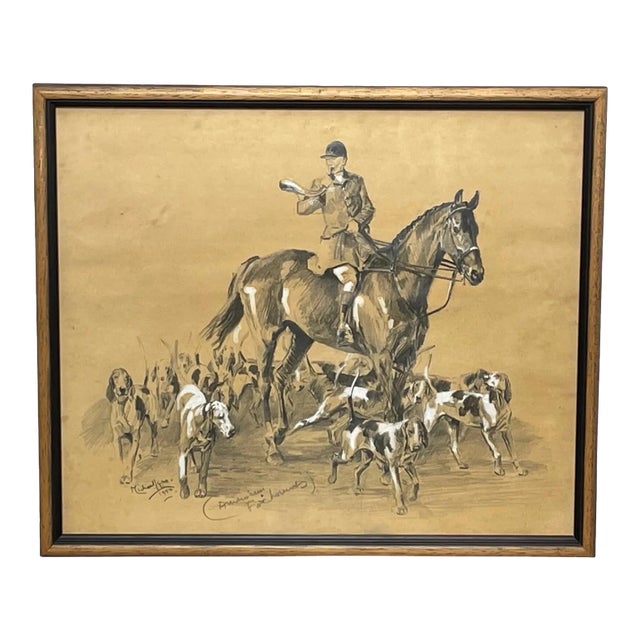 Signed Michael Lyne “American Foxhounds” Framed Drawing, c.1950 – Pencil and Chalk British Sporting Art For Sale