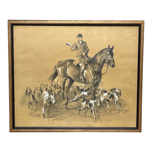 Signed Michael Lyne “American Foxhounds” Framed Drawing, c.1950 – Pencil and Chalk British Sporting Art