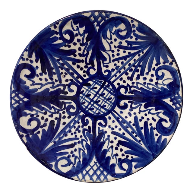 Antique Andalusian Ceramic Blue & White Glaze Wall Plate From Fajalauza (Granada) Spain For Sale