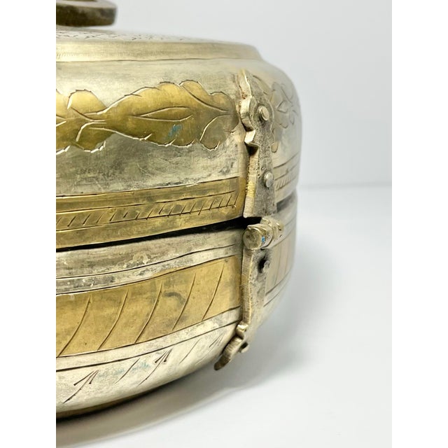 Metal 1970s Vintage Silver & Brass Tone Engraved Handmade Round Chapati Bread Box For Sale - Image 7 of 12