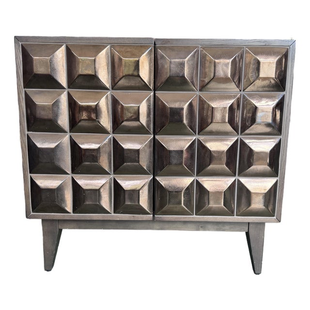West Elm Limited Edition Hand-Glazed Tile Cabinet, Bronze Geometric Front For Sale