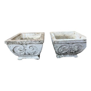 Vintage 1950 Fluer De Lis Concrete Garden Planters, A Pair For Sale