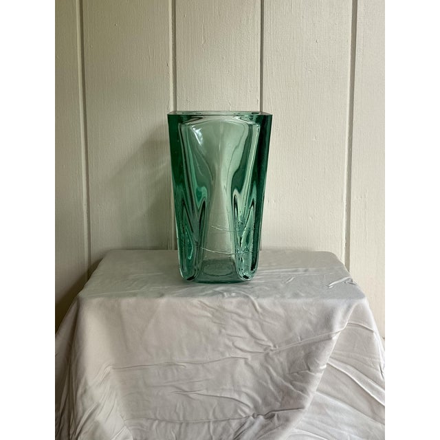 Mid-Century Modern Vintage 1960s Blenko Style Green Cast Glass Sculptural Vase For Sale - Image 3 of 5