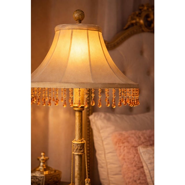 Late 20th Century Vintage Hollywood Regency Cast Iron Table Lamp With Beaded Fringe Shade & Dual Tassels – 38” Tall For Sale - Image 5 of 12