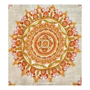 Designer Richloom Cream Green Orange Pink Botanical Floral Geometric Circle Medallion Suzani Fabric Sample