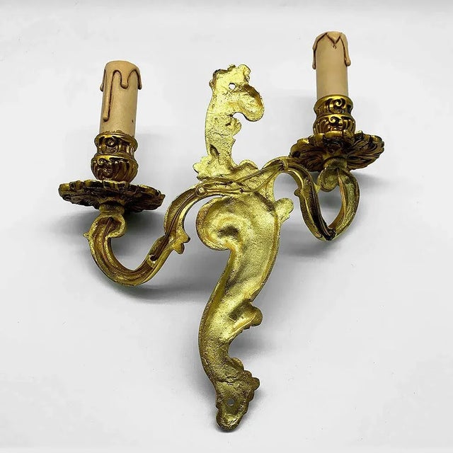 Metal 1920's French Rococo 18thc Louis XV Style Gilt Bronze Wall Sconces Signed by Atelier Petitot a - Pair For Sale - Image 7 of 13