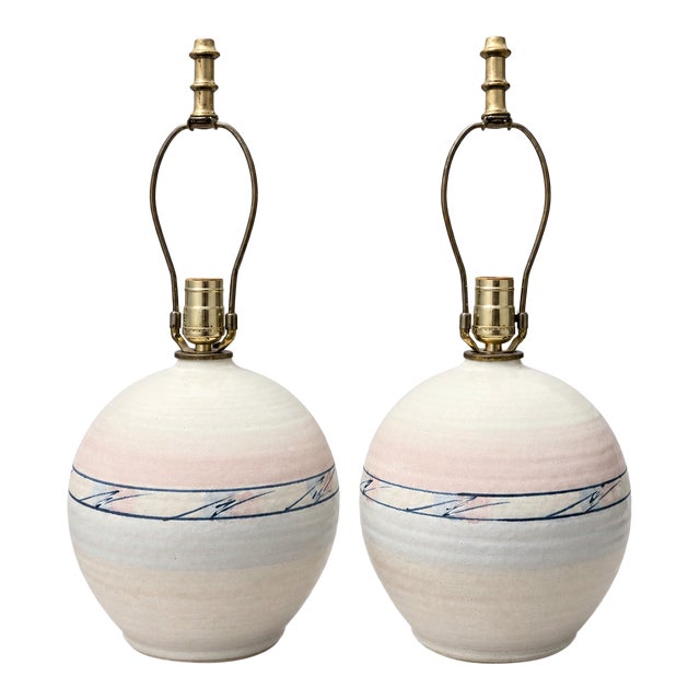Pair of 1980s Postmodern Blush and Blue Studio Pottery Lamps For Sale
