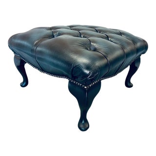 Vintage Mid-Century English Leather Chesterfield Footstool Ottoman, Blue For Sale